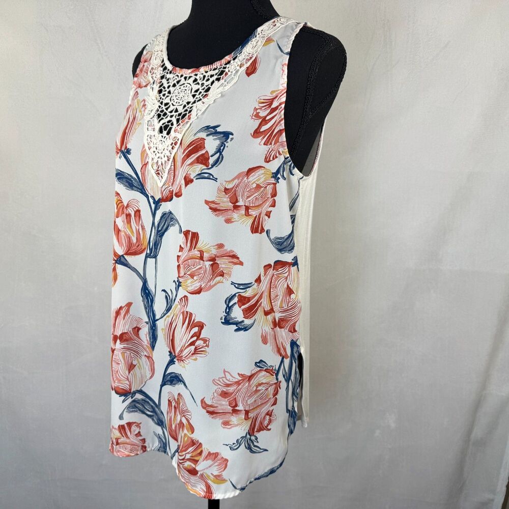 Lauren Conrad Women Sz S Ivory Tank Tunic Floral Print Crochet Neck Sleeveless - Picture 2 of 7